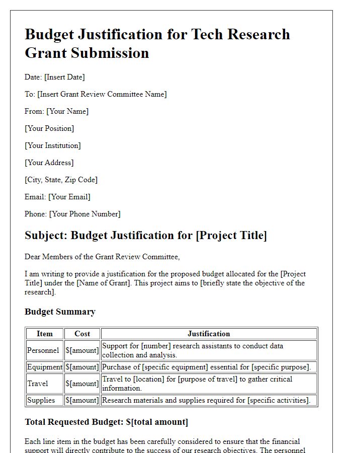 Letter template of budget justification for tech research grant submission