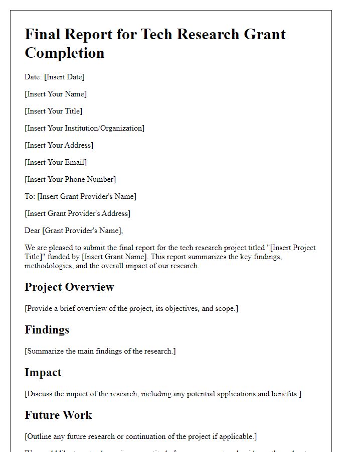 Letter template of final report for tech research grant completion