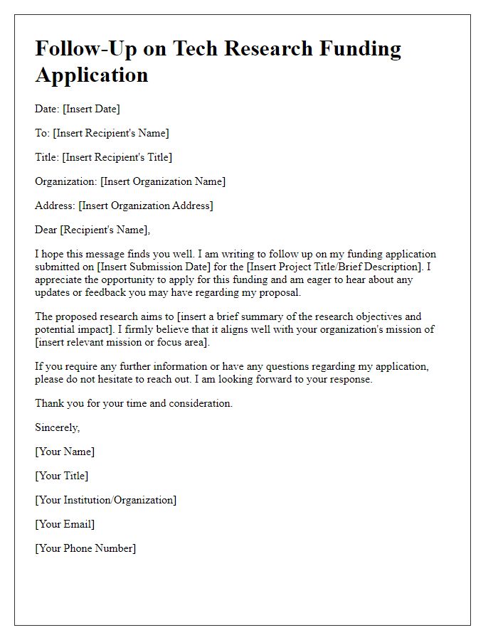 Letter template of follow-up communication for tech research funding application