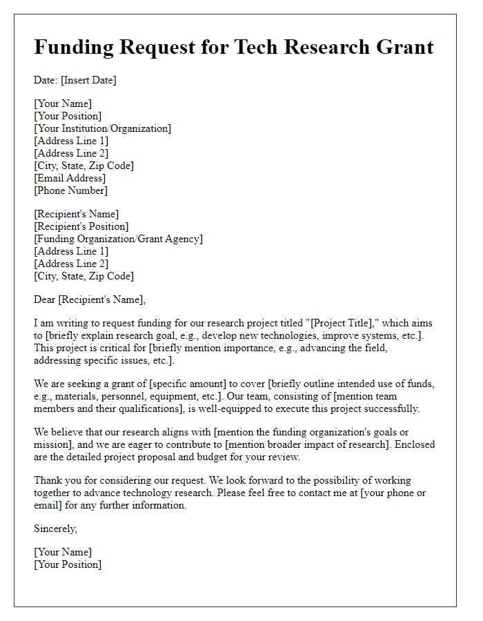 Letter template of funding request for tech research grant application