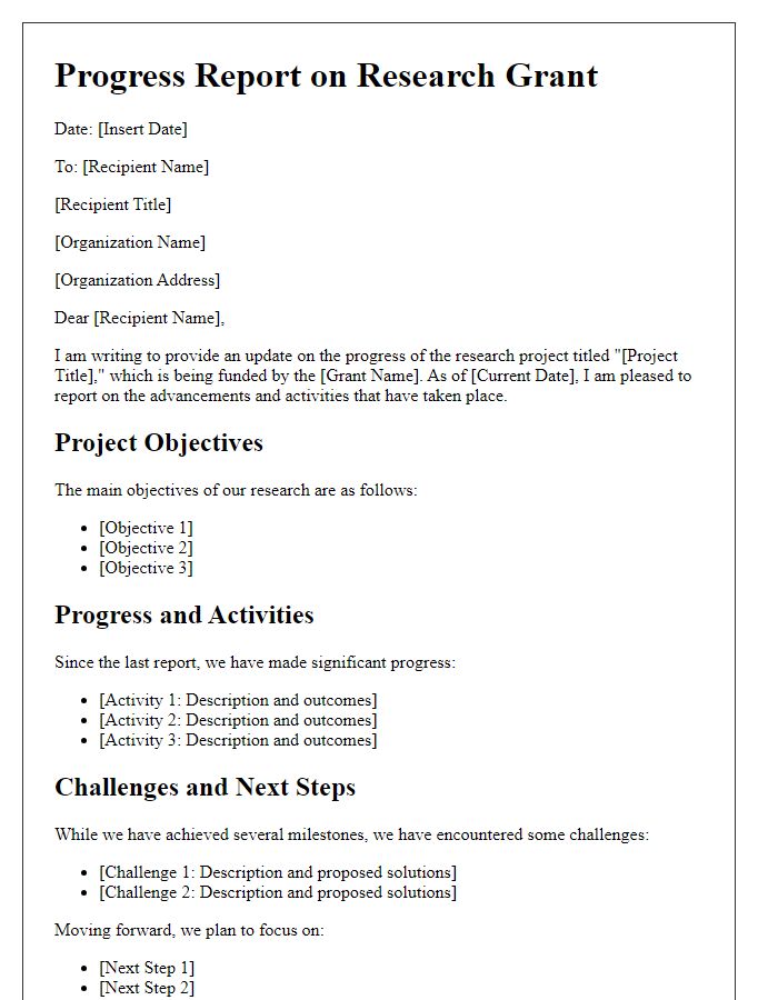 Letter template of progress report for tech research grant recipients