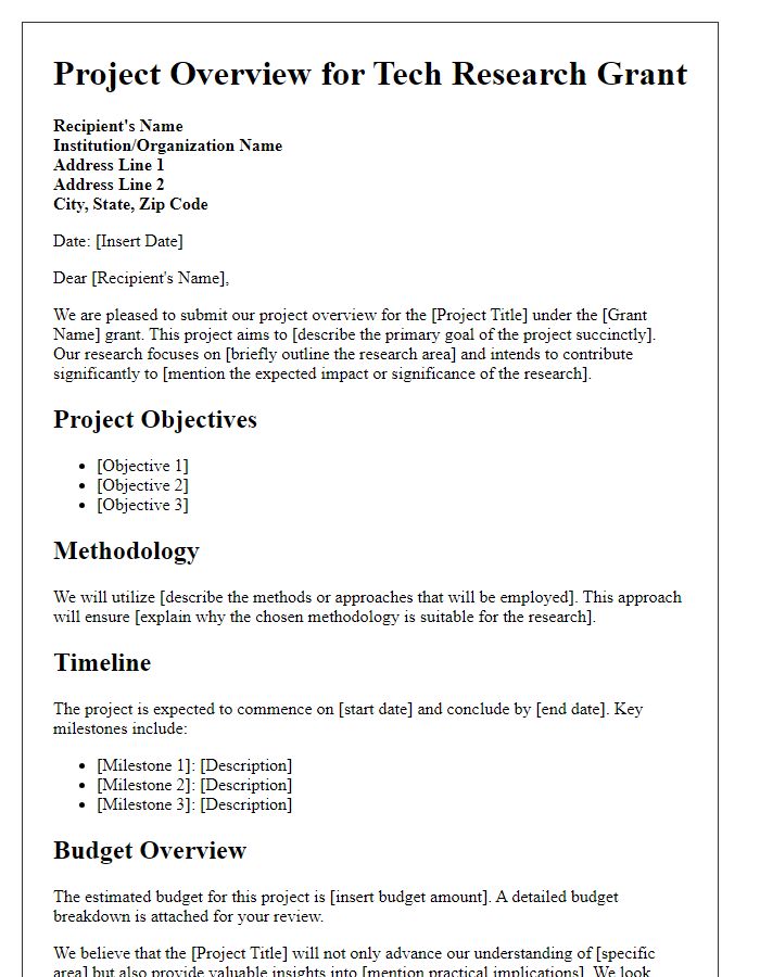 Letter template of project overview for tech research grant