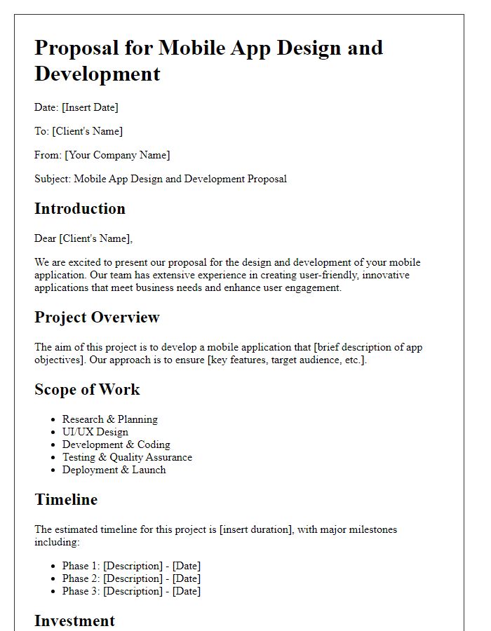 Letter template of mobile app design and development proposal