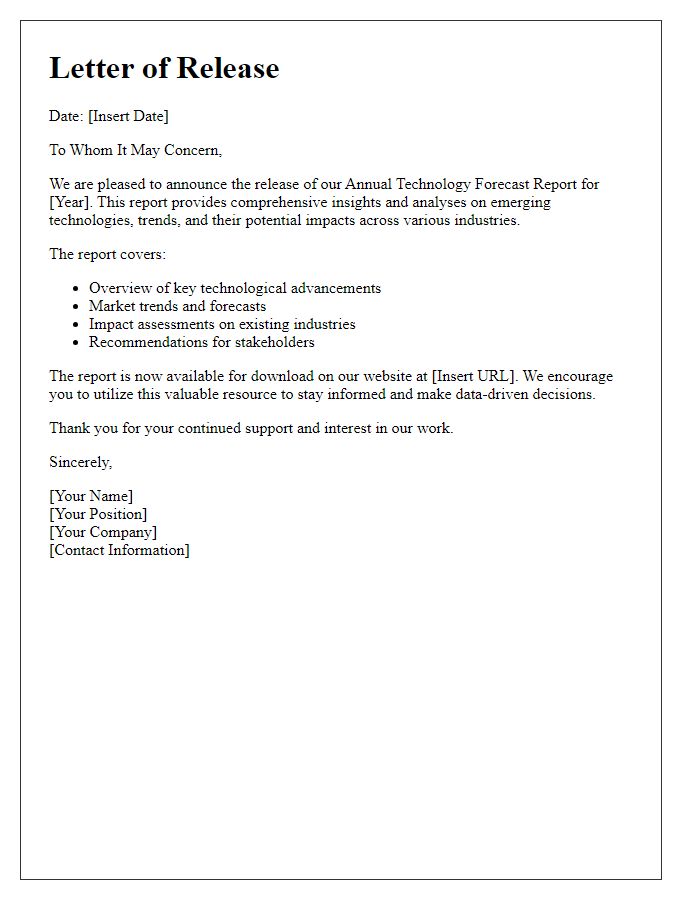 Letter template of Release of the Annual Technology Forecast Report