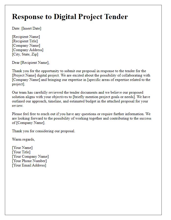 Letter template of digital project tender response