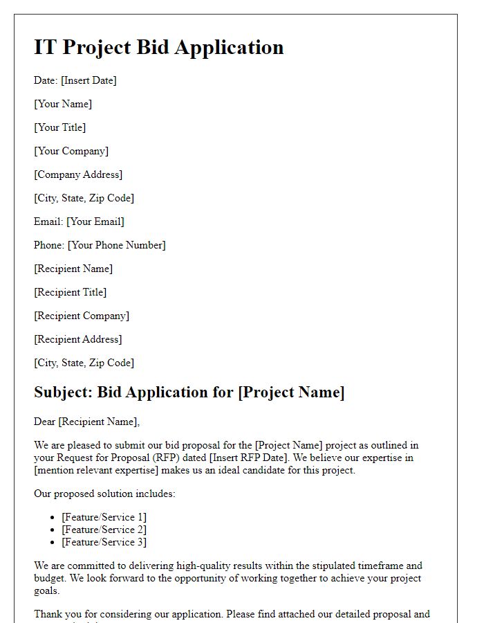 Letter template of IT project bid application