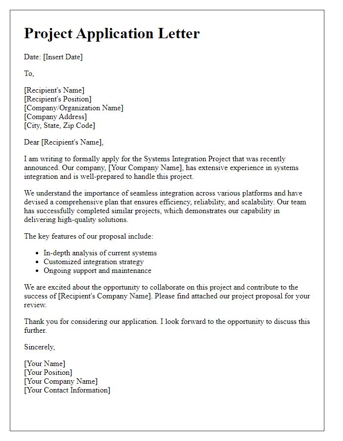 Letter template of systems integration project application