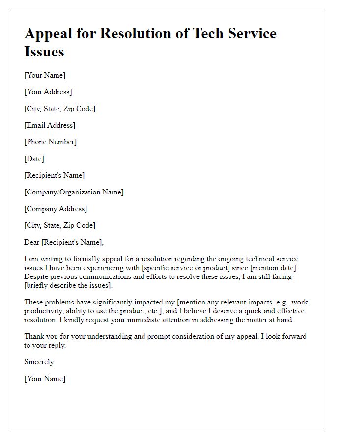 Letter template of appeal for a resolution to tech service issues.