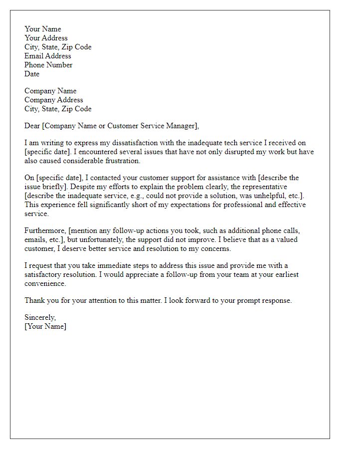 Letter template of complaint regarding inadequate tech service experience.