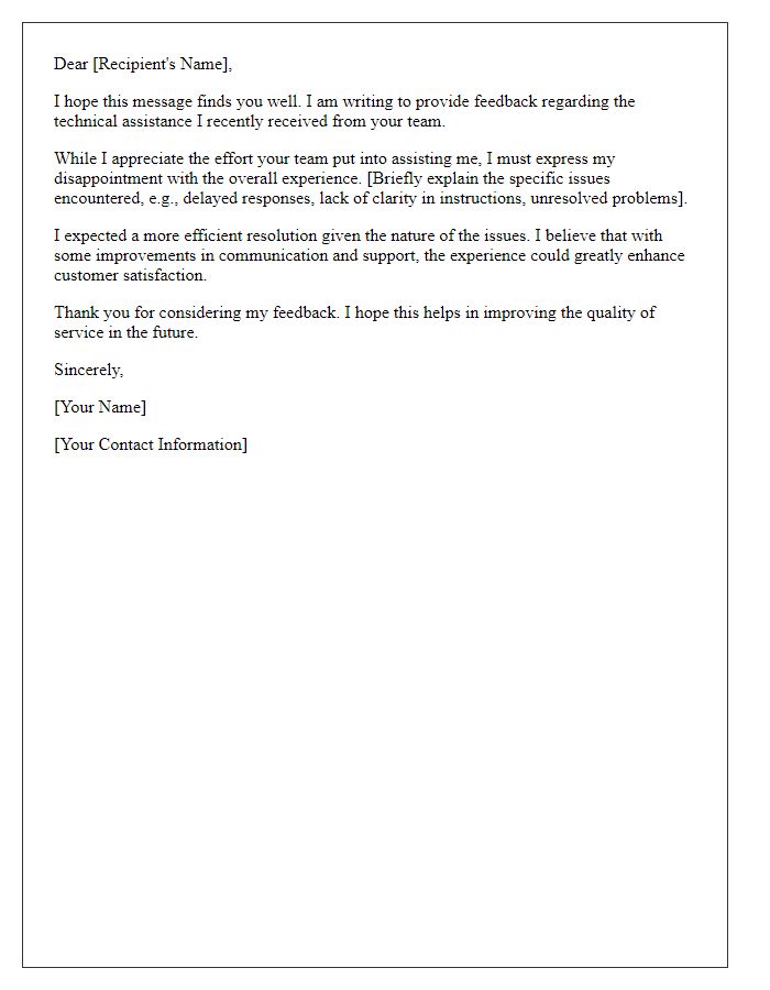 Letter template of feedback on disappointing technical assistance.