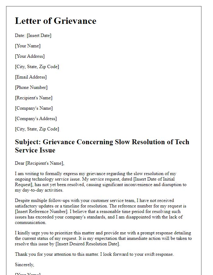 Letter template of grievance concerning slow tech service resolution.