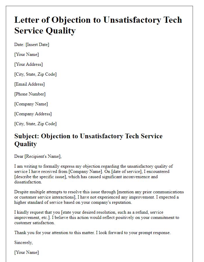 Letter template of objection to unsatisfactory tech service quality.