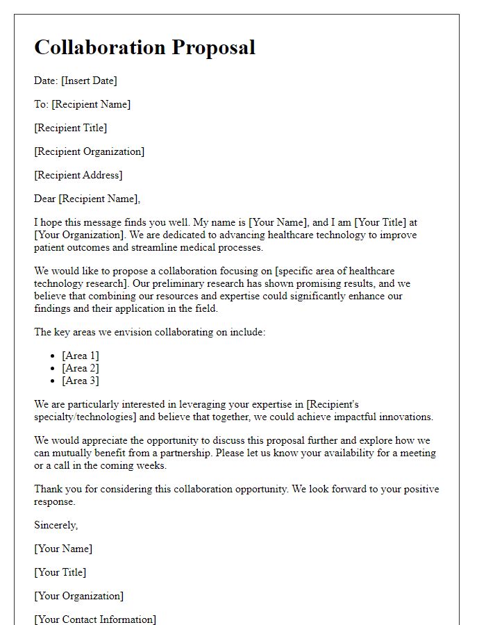 Letter template of collaboration proposal for healthcare technology research.