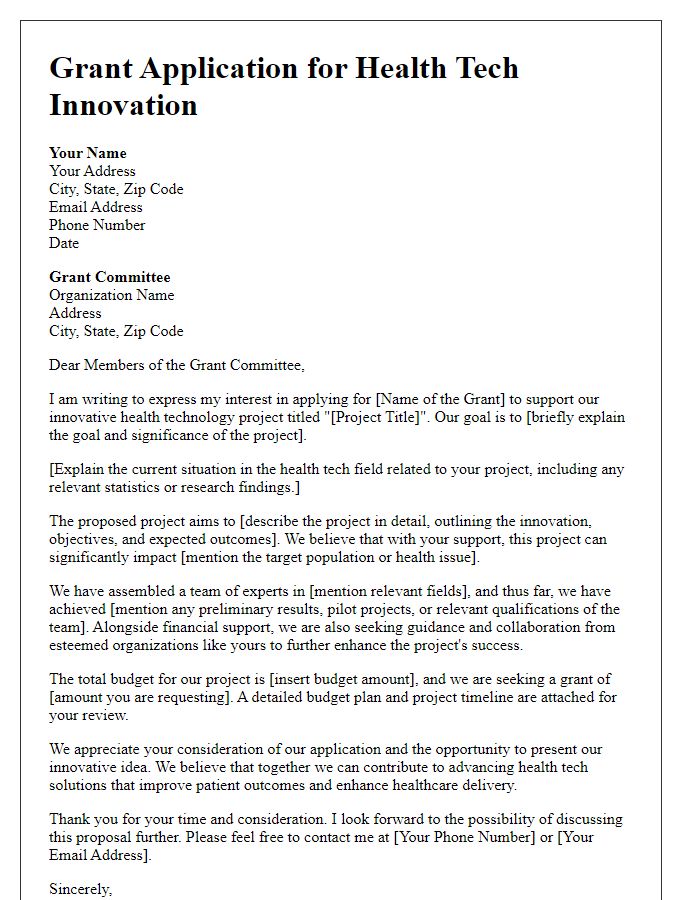 Letter template of grant application for health tech innovation.