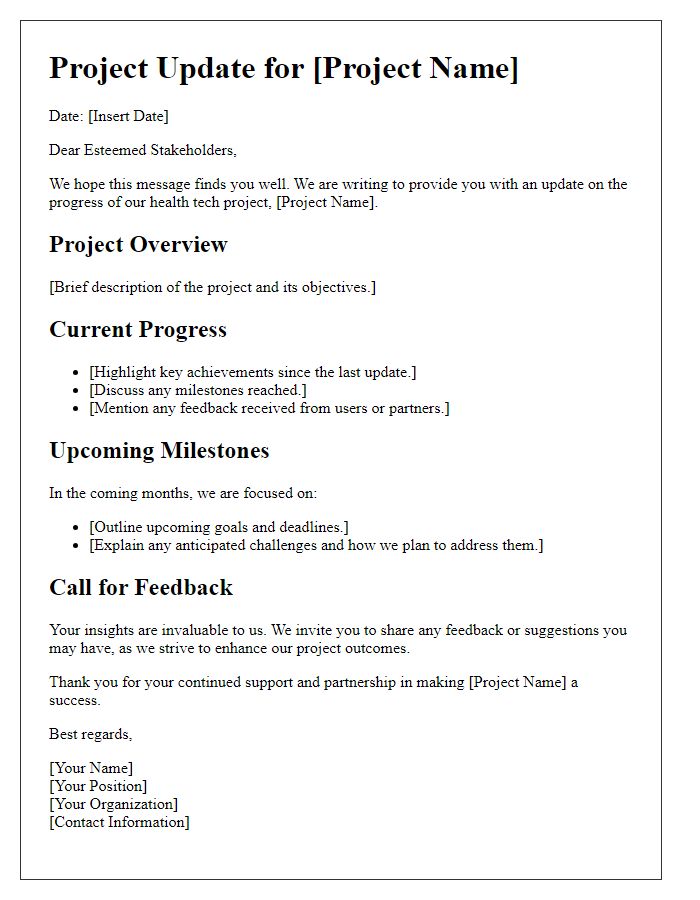 Letter template of project update for stakeholders in health tech ventures.