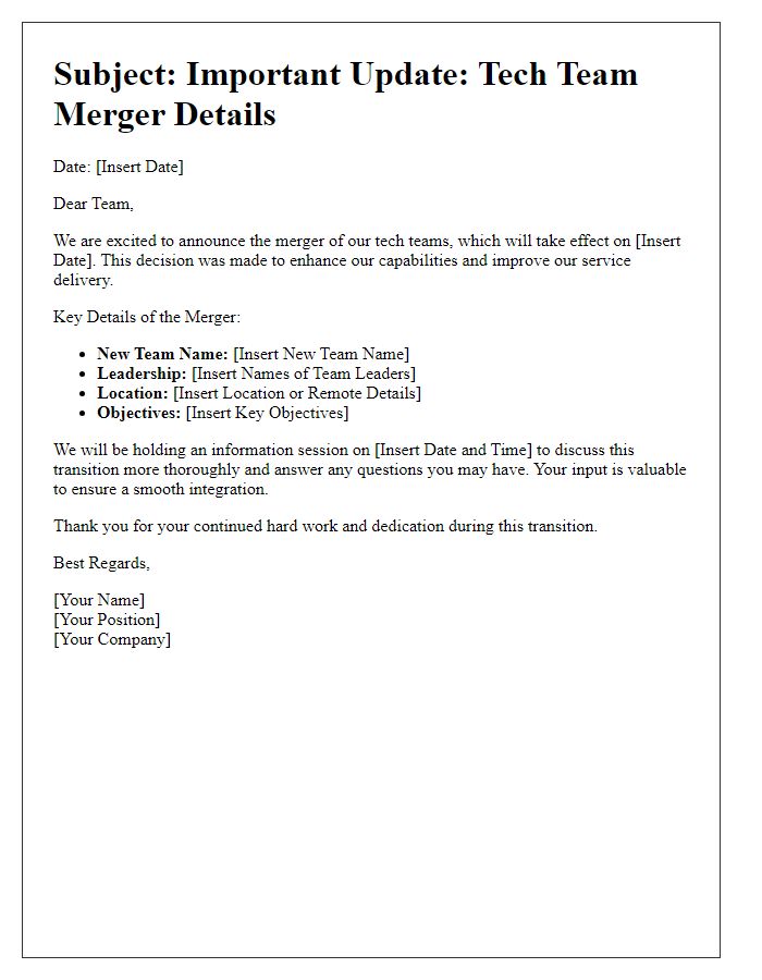 Letter template of tech team merger details transmission.