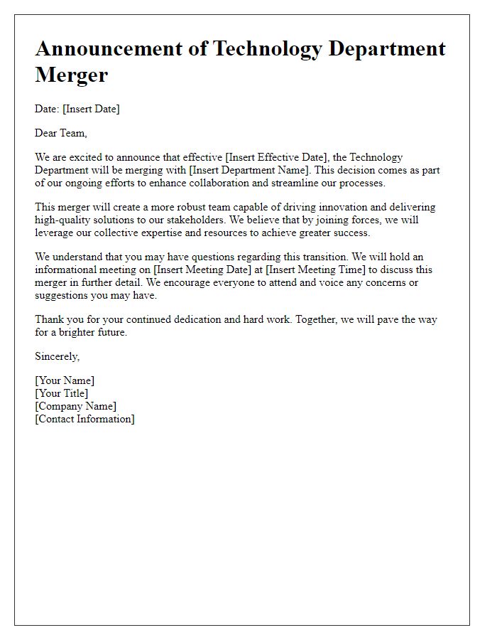 Letter template of technology department merger announcement.