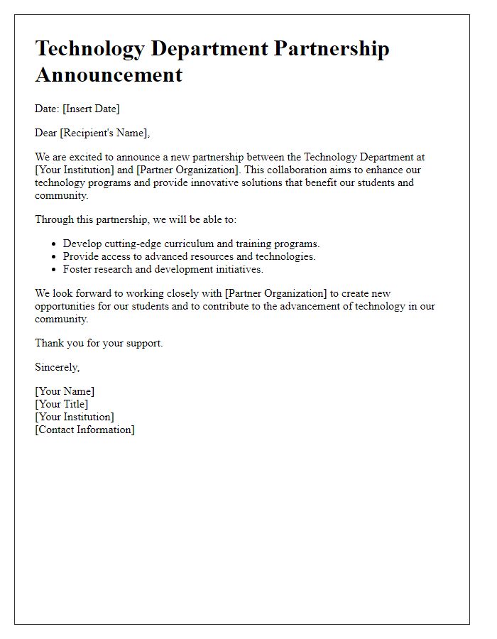 Letter template of technology department partnership announcement.