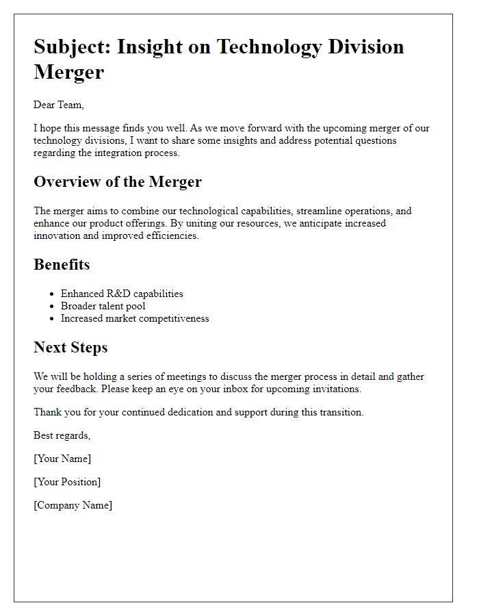 Letter template of technology division merger insight.