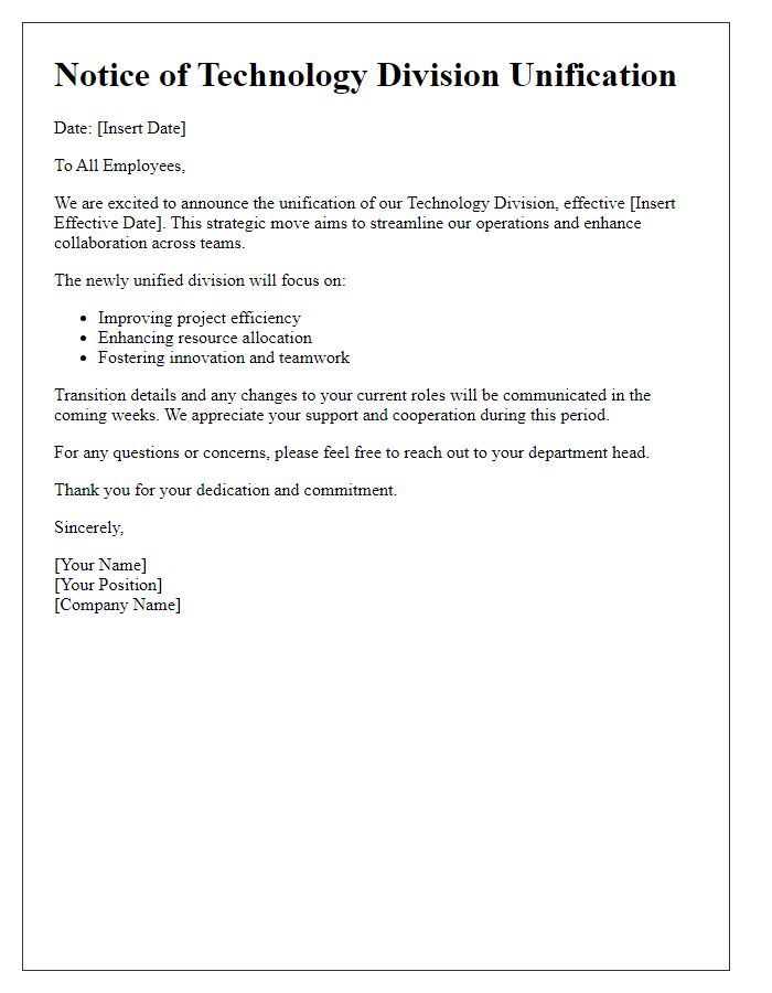 Letter template of technology division unification notice.