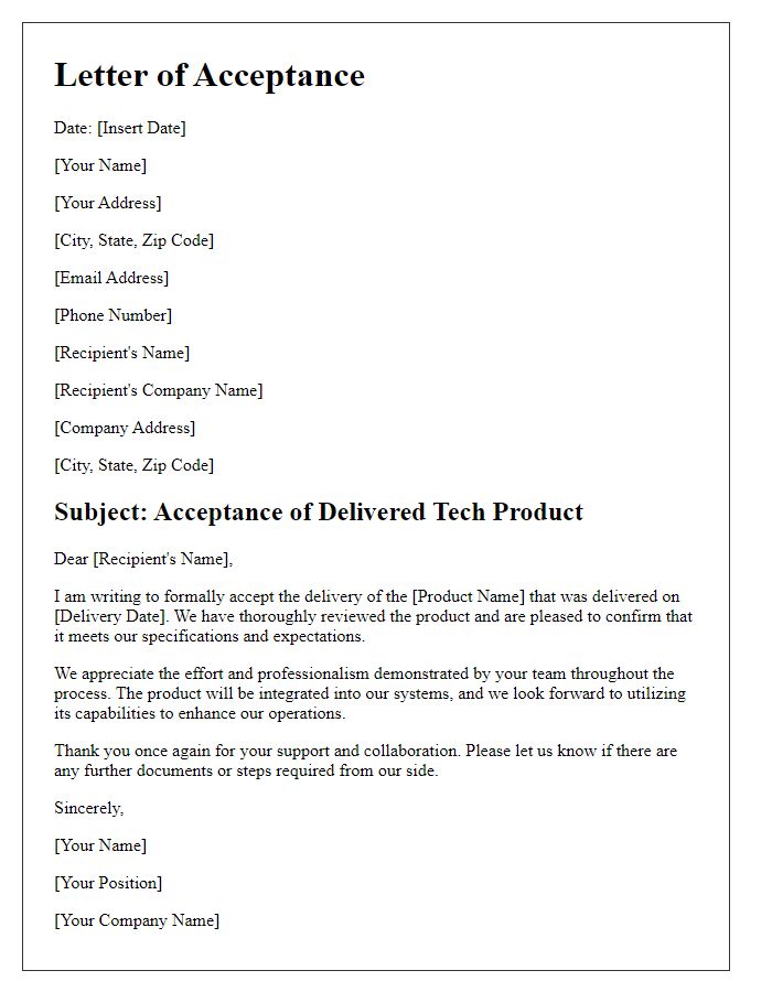 Letter template of acceptance for delivered tech product