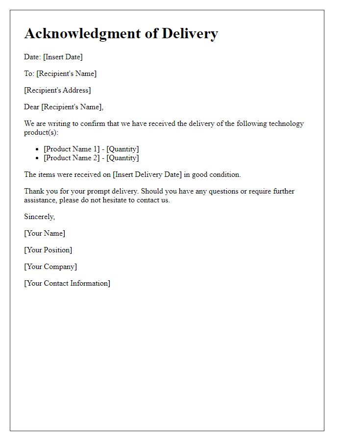 Letter template of acknowledging delivery of tech product