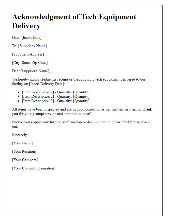 Letter template of acknowledgment for tech equipment delivery