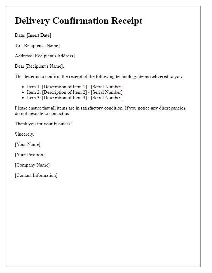 Letter template of confirmation receipt for technology item delivery