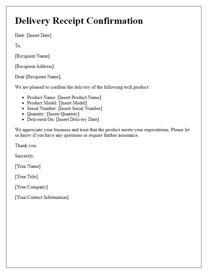 Letter template of confirmation for tech product delivery receipt