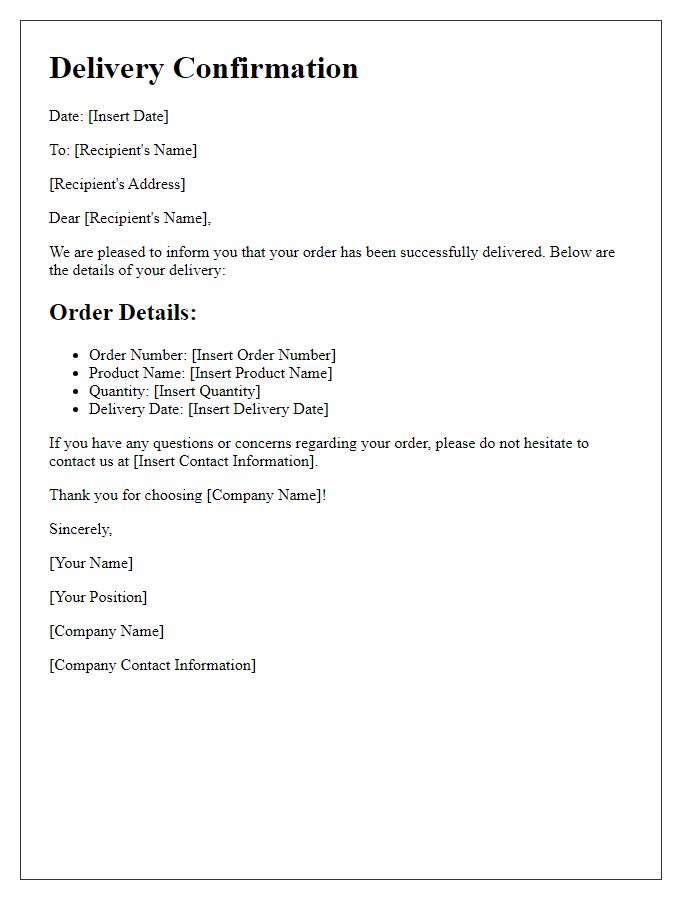 Letter template of delivery confirmation for electronics