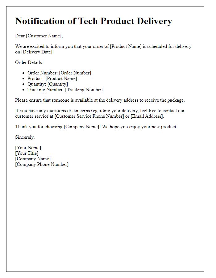 Letter template of notification regarding tech product delivery