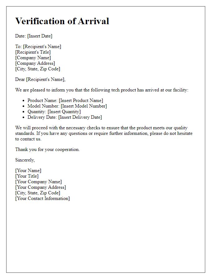 Letter template of verification for the arrival of tech product