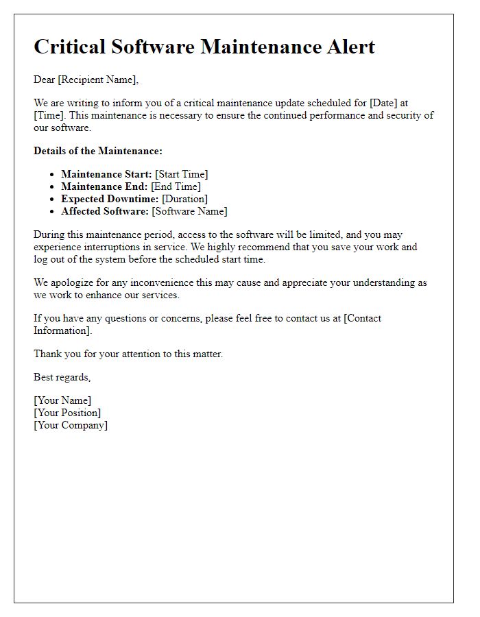 Letter template of critical software maintenance alert