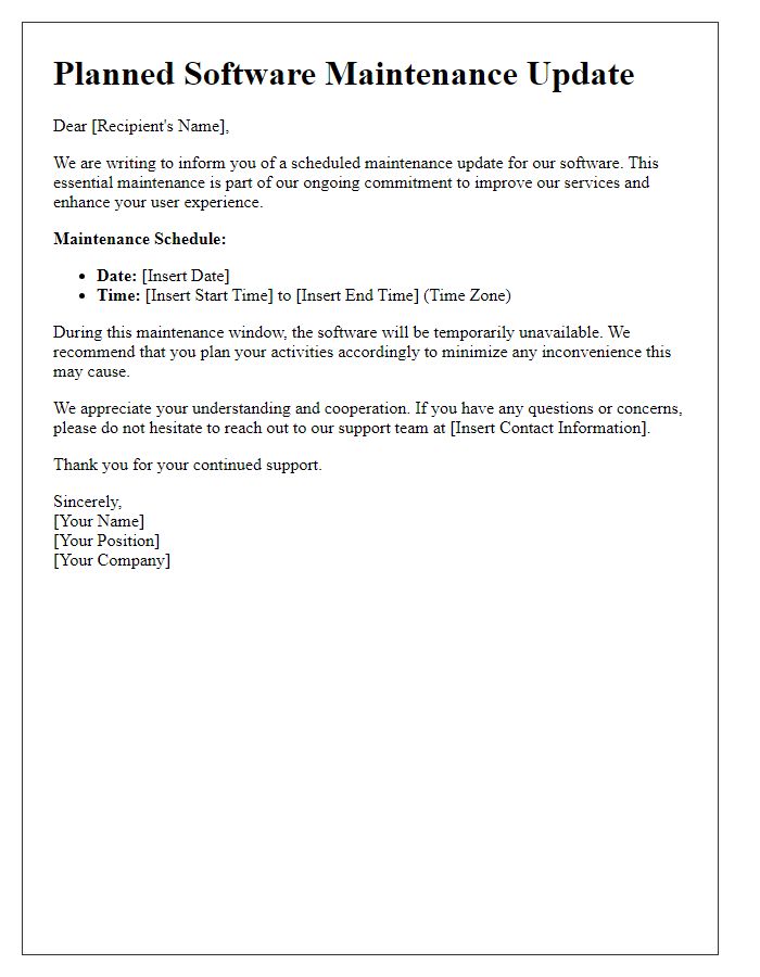 Letter template of planned software maintenance update