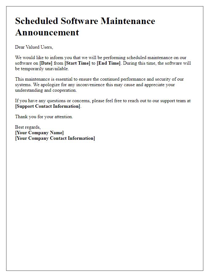 Letter template of scheduled software maintenance announcement