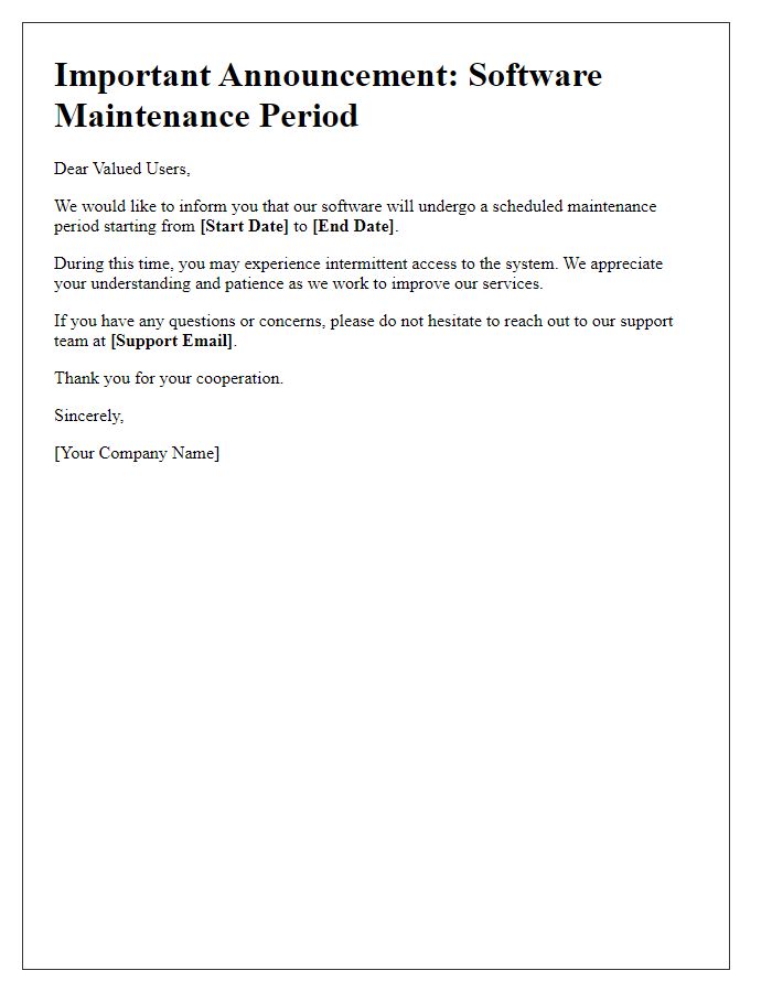 Letter template of software maintenance period announcement