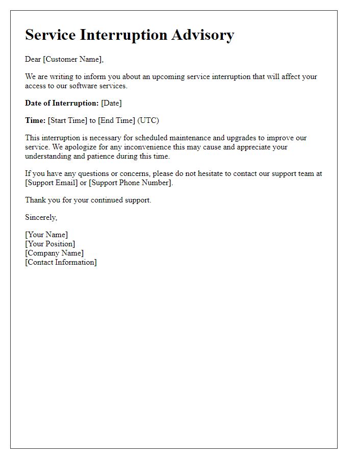 Letter template of software service interruption advisory