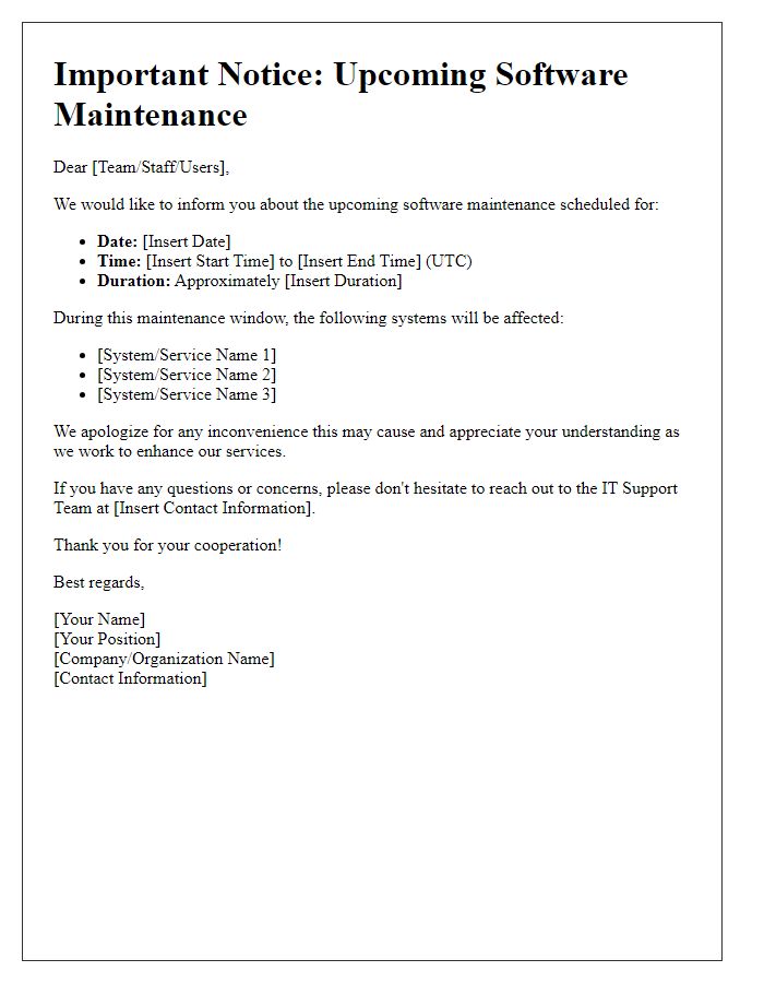 Letter template of upcoming software maintenance schedule