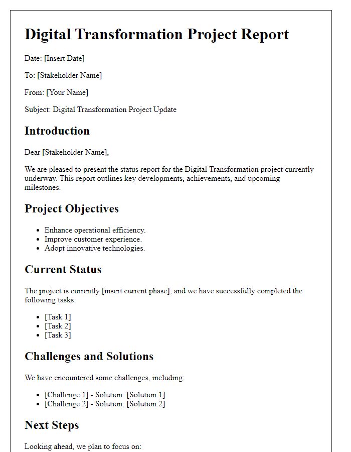 Letter template of digital transformation project report for stakeholders