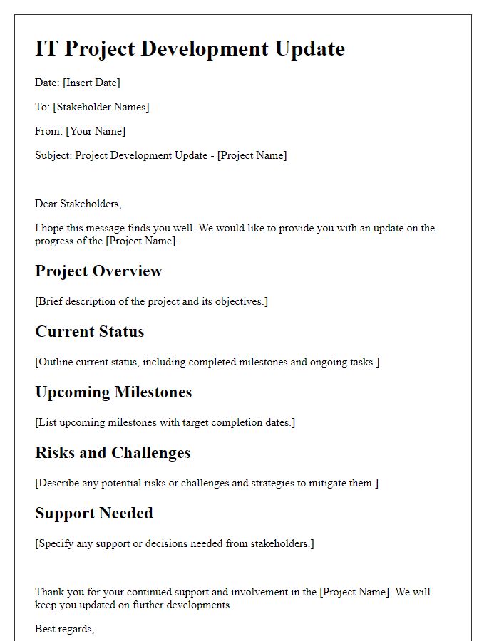 Letter template of IT project development update for stakeholders