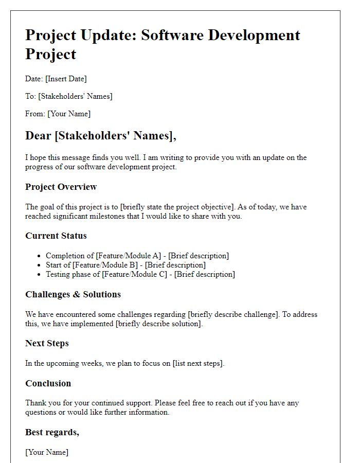 Letter template of software development project update for project stakeholders