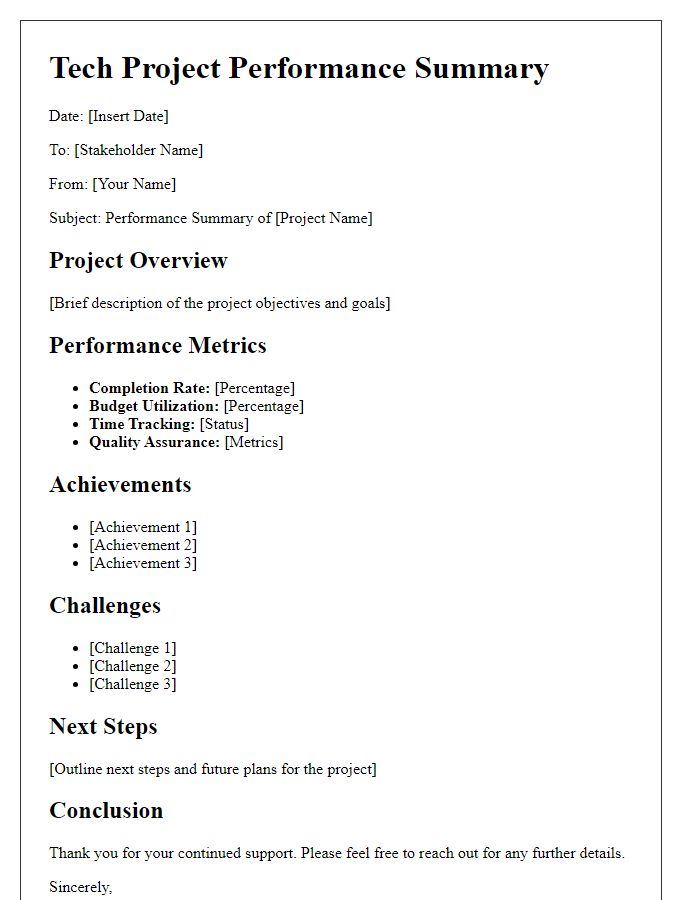 Letter template of tech project performance summary for stakeholders