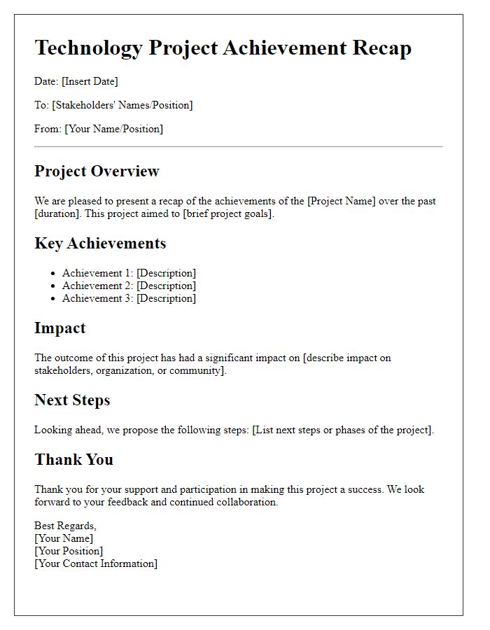 Letter template of technology project achievement recap for stakeholders