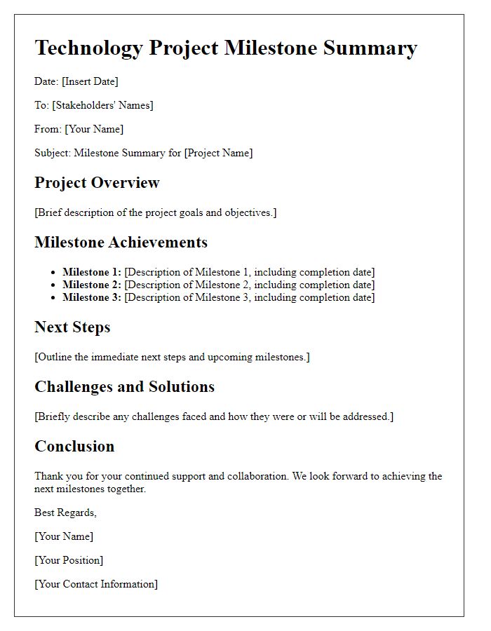 Letter template of technology project milestone summary for stakeholders