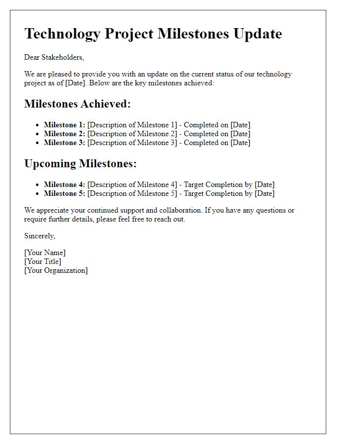 Letter template of technology project milestones update for stakeholders