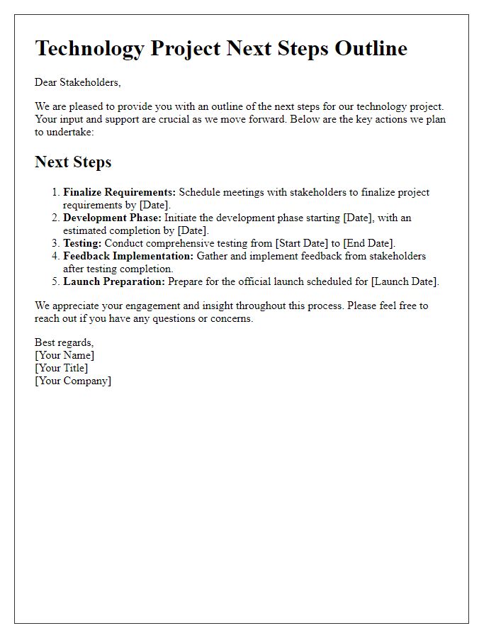 Letter template of technology project next steps outline for stakeholders