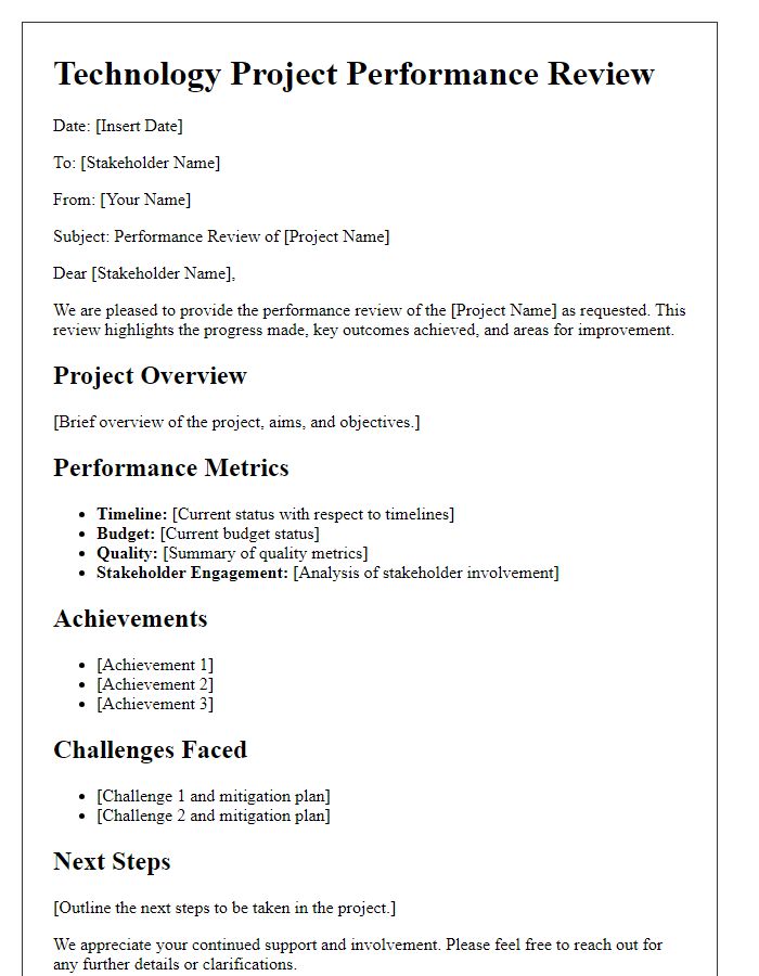 Letter template of technology project performance review for stakeholders