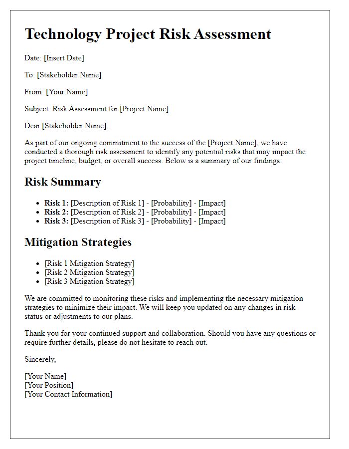 Letter template of technology project risk assessment for stakeholders