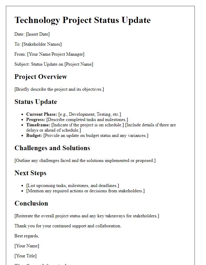 Letter template of technology project status update for stakeholders