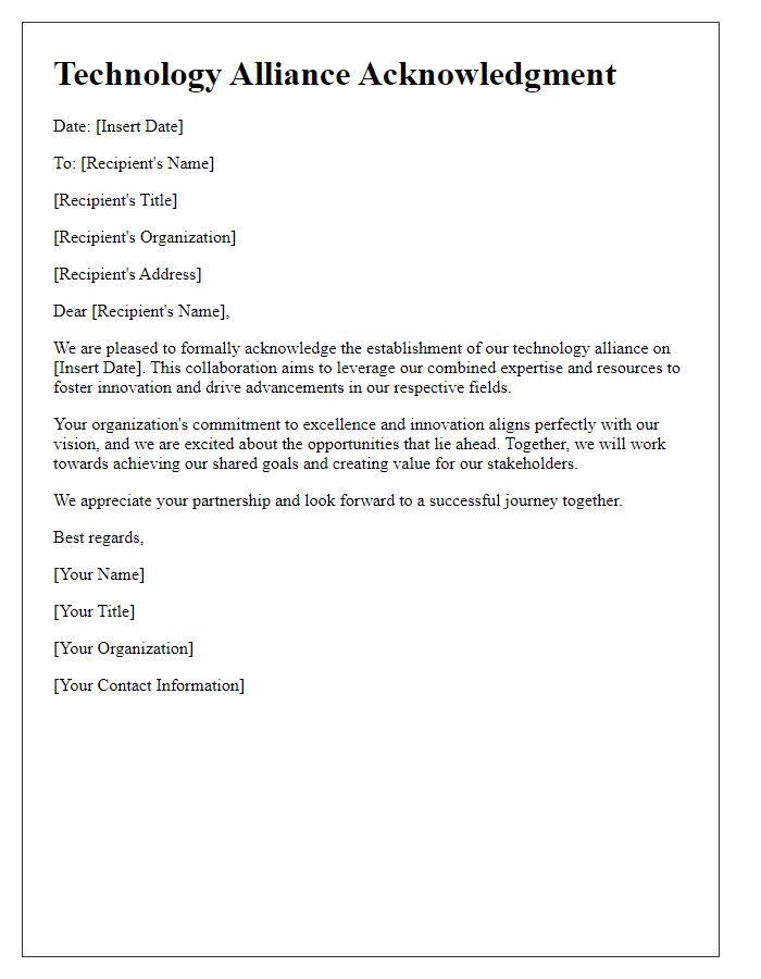 Letter template of Technology Alliance Acknowledgment